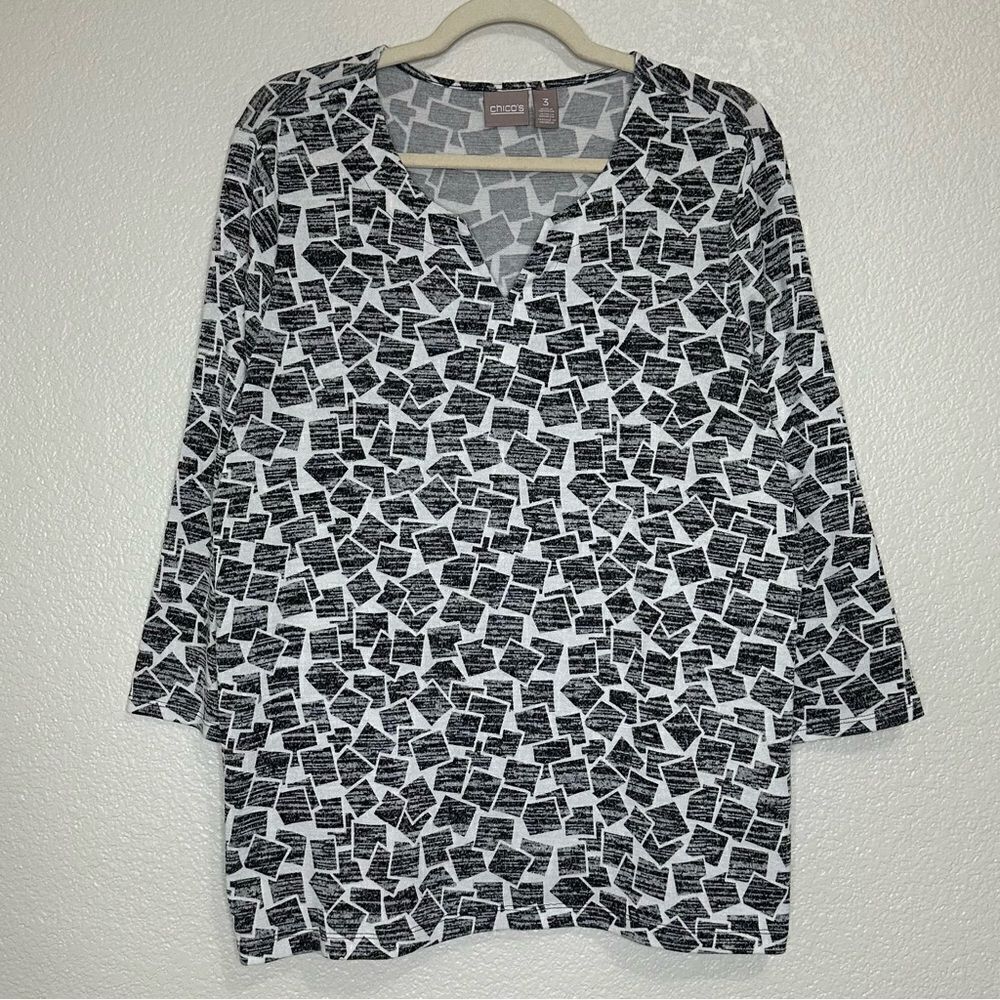 Chico's Geometric Print Split Neck 3/4 Sleeves Tee, Size XL